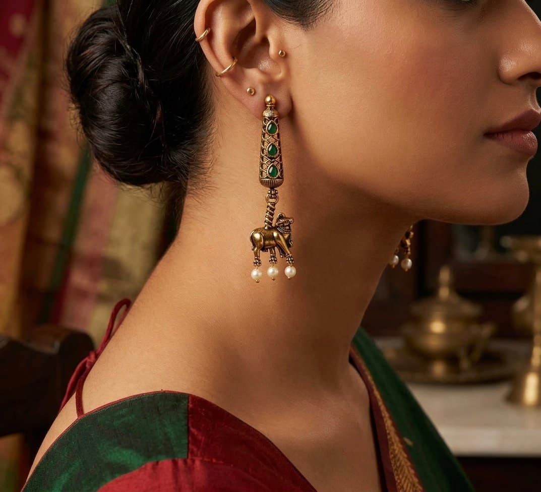 Nandini Temple drop earring (green colour)