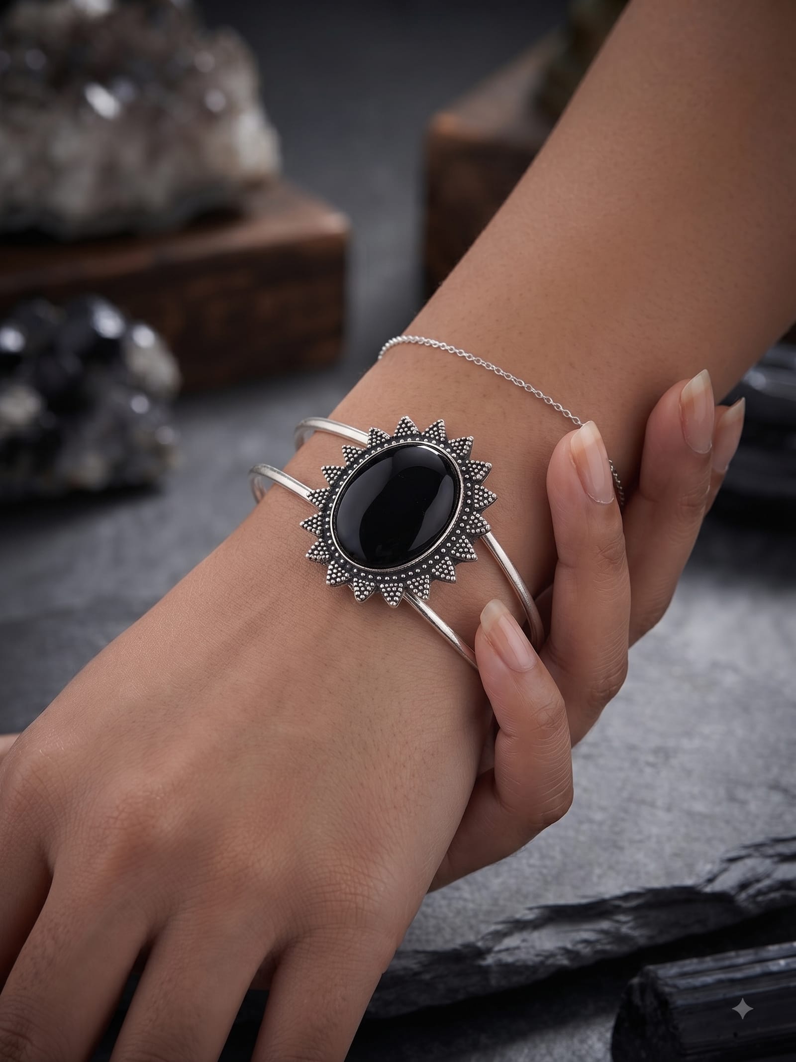 Zevaara Black Stone Cuff Bracelet - Image 2