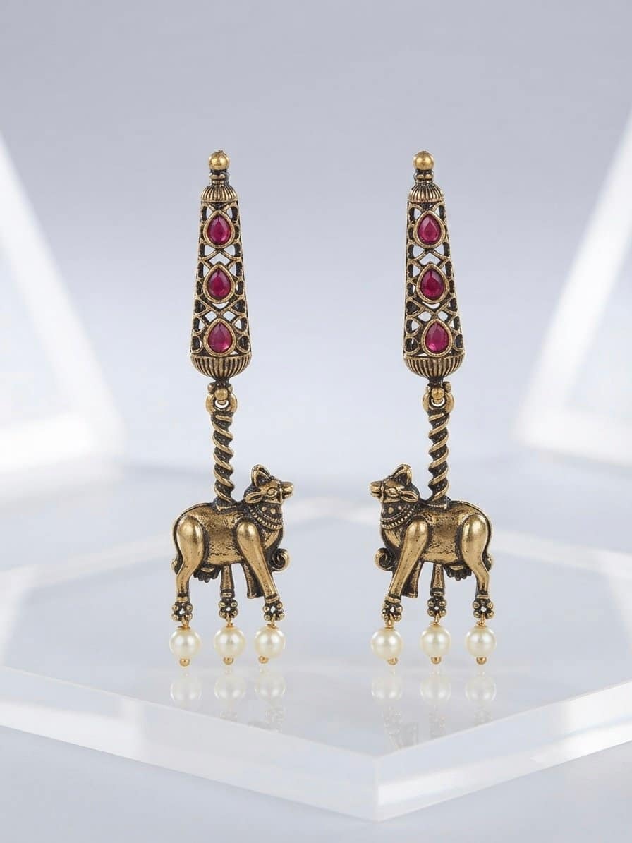 Nandini Temple Drop Earrings in Rani