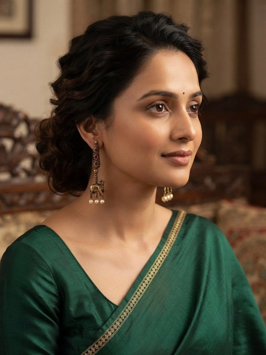 Nandini Temple Drop Earrings in Rani - Image 2
