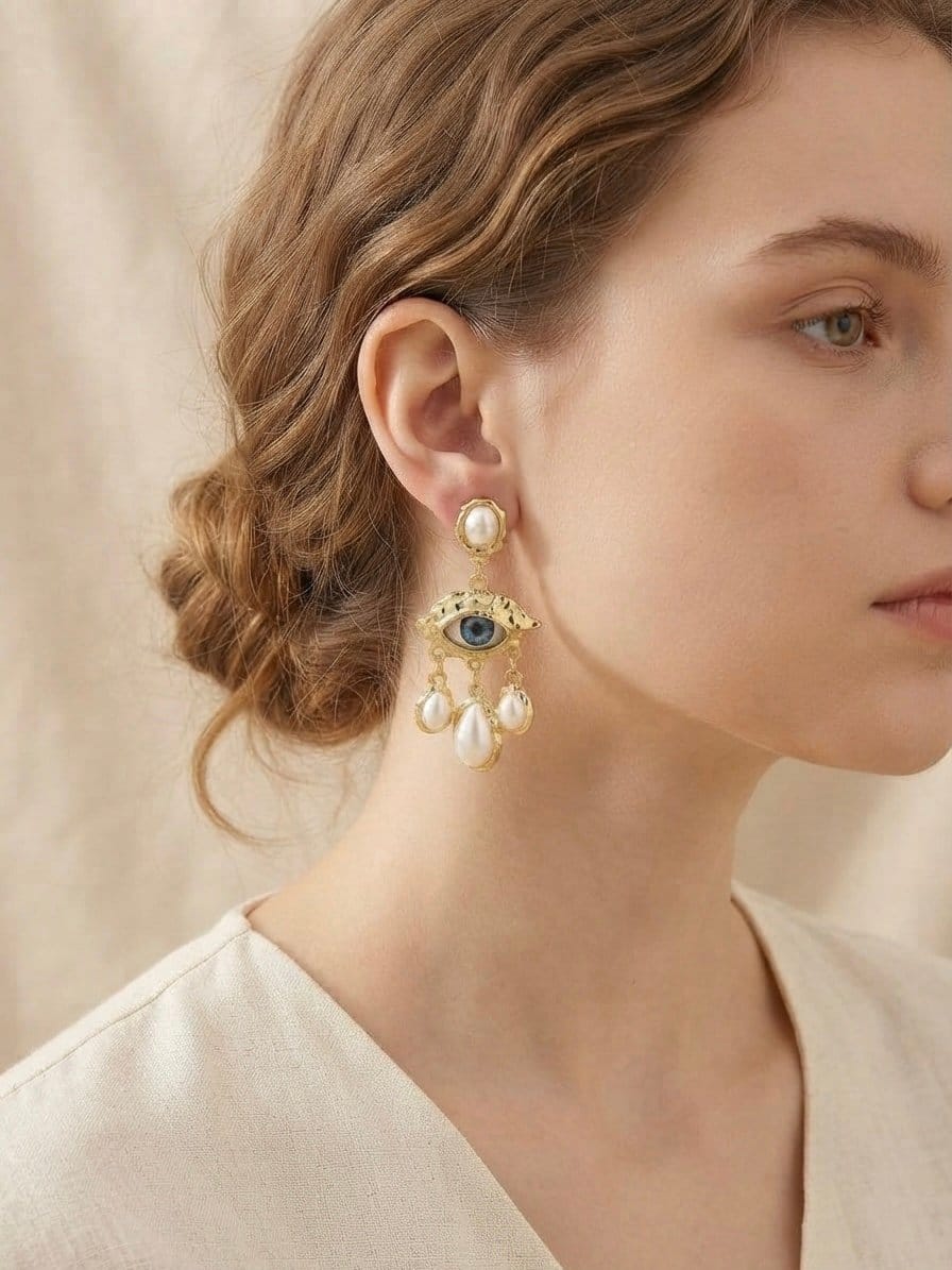 Baroque Evil Eye Pearl Earrings - Image 2