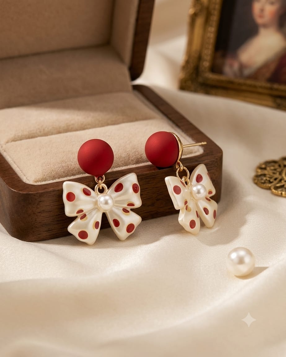 Red dotted bow earrings - Image 2